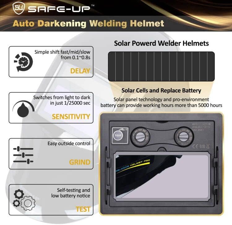 Capacete de soldagem, SU Safe-up power movido de solar capuz escurecedor, 2 arco sensor de arco Ajuste na largura faixa 4/9-13