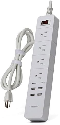 Protetor de surto de faixa de energia de 4 outlet com 4 portas de carregamento USB e cabo de alimentação de 6 pés