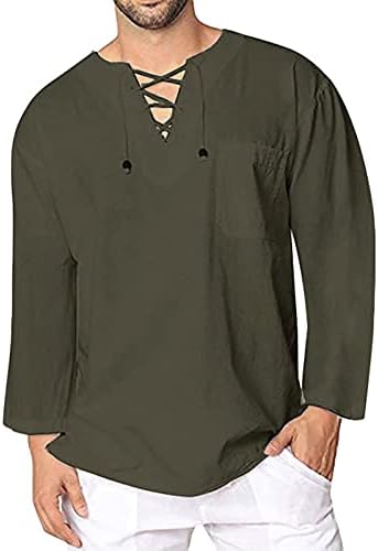 XXBR 2021 Camisas para homens, Fall Men's Lace-up Henley V pescoço de linho de linho de algodão Casual Tops Casual Tops com bolsos