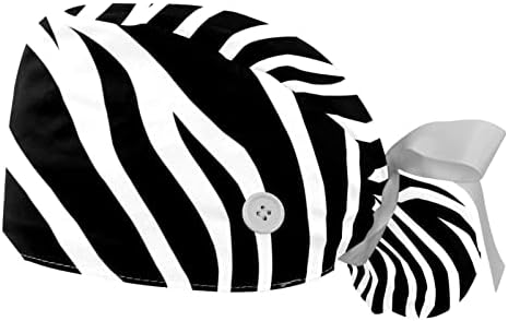 Capinha de trabalho com botões enfermeiro bouffant chapéu preto tampa de esfoliação de zebra branca para mulheres cabelos longos