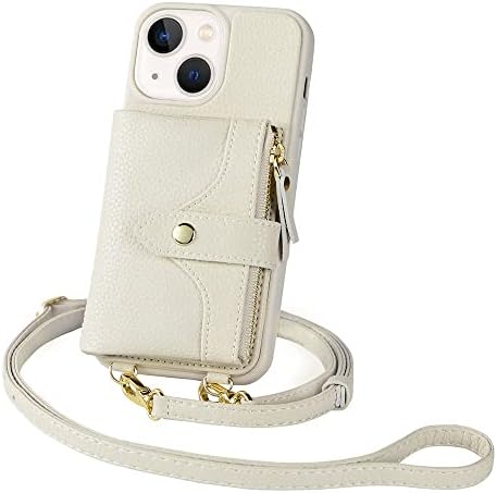 Lameeku Compatível com a capa da carteira do iPhone 13, estojo de carteira protetora de crossbody segura RFID com suporte de cartão, caça de cartão de zíper em couro PU PU para iPhone 13, 6,1 polegadas-Ivory