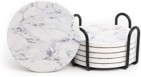 Coasteres de cerâmica de mármore de 6 peças com suporte, base de cortiça, para bebidas quentes e frias, material absorvente protege