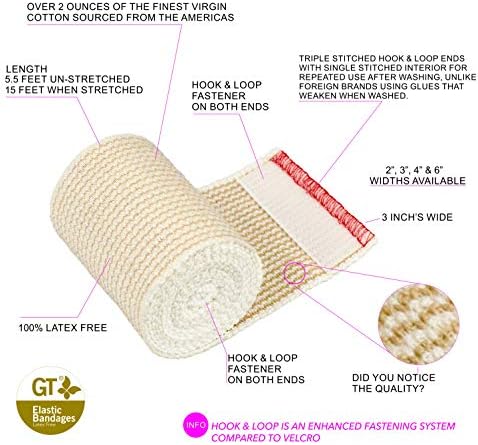 Premium Elastic Bandage envolverem - feitos de algodão orgânico cultivado nos EUA - prendedores de gancho e loop nas