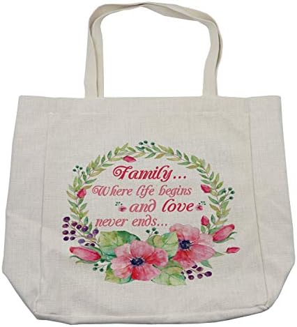 Ambesonne dizendo bolsa de compras, família onde a vida começa e o amor nunca termina as letras em aquarela floral