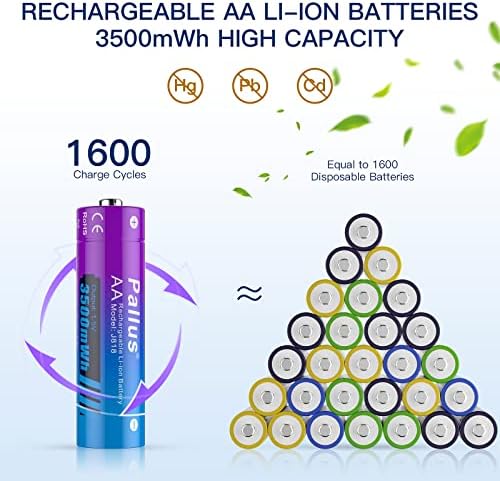 Baterias de lítio recarregáveis ​​de 1,5V AA, PALLUS 8 BATERIAS DOBLE A ION LI DE ION com carregador de bateria de lítio