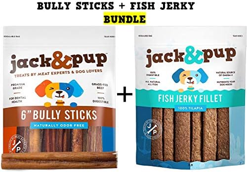 Jack & Pup Bundle - Bully Sticks + Fish Jerky | Odor de 6 polegadas livre [jumbo grosso] bastão bastão | Peixe espumoso para cães