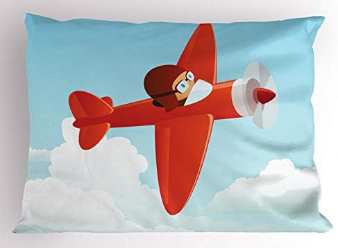 Ambesonne Plerowh Sham, avião voando no céu nublado Little Boy Pilot Cartoon Print, Tamanho padrão Decorativo Fronha impressa, 26 x