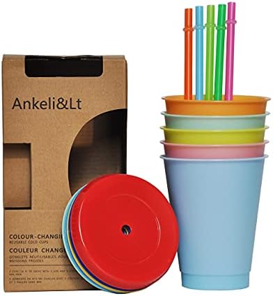 Ankeli & Lt 16 oz de copos de cor, 5 cores de copos de plástico copos reutilizáveis ​​com tampas e canudos, crianças adultas