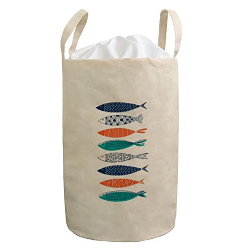 Grande cesta de lavanderia cesto colorido colorido de peixes marítimos colapsíveis costas de tração de roupas redondas cestas
