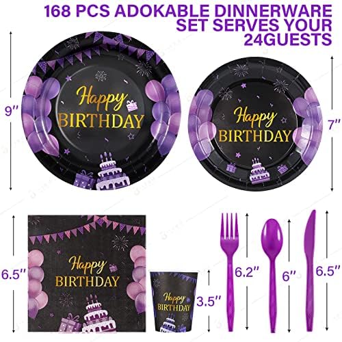 168 PCs Purple and Black Birthday Festes Supplies Placas de festas, faca, garfos, colheres, xícaras e guardana