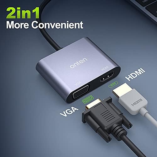 Onten USB C a HDMI VGA Adaptador, USB C 4K@60HZ HDMI e 1080P VGA, （Thunderbolt 3 Compatível, para MacBook Pro/Air/iPad Pro