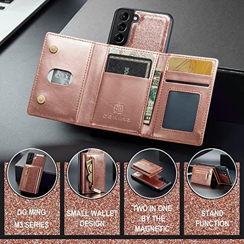 Caixa de proteção telefônica 2 em 1 Caixa de carteira de glitter destacável para Samsung Galaxy S22 Plus, capa de telefone de