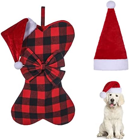 Twsantamas Dog Christmas Stocking and Santa Hat Hat Buffalo Plaid Bow Meias em forma de osso clássicas meias penduradas para animais