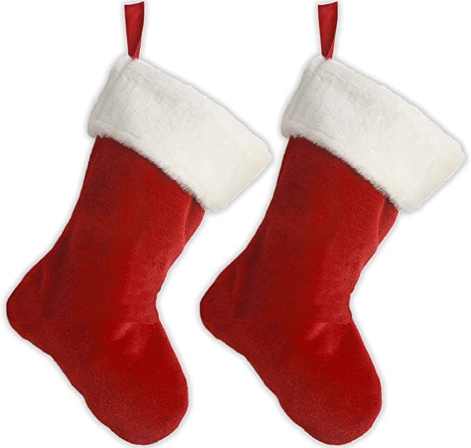 Staque de Natal de 19 Classic Christmas Holiday Skings Red & White Plush 19 Conjunto de 2 com tag de suspensão para Mantel ou árvore