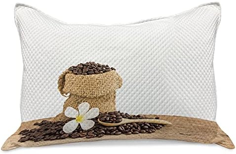 Ambesonne Coffee Kett Quilt Cobro de travesseira, foto de feijão em um saco de estopa com uma flor e uma colher de