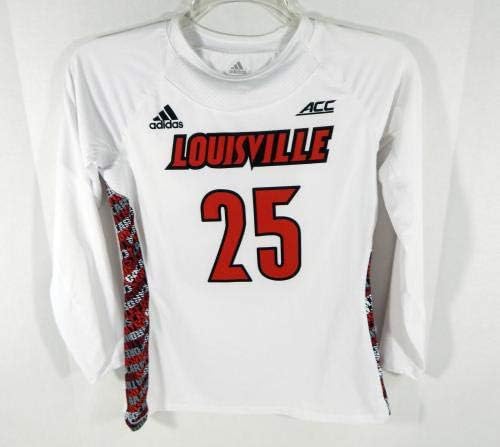 Womens Uni of Louisville Cardinals 25 Jogo usada LS White Jersey Lacrosse L 623 - jogo da faculdade usada