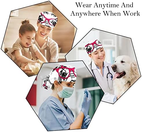 2 PCs Nurse Scrub Caps Cabelo longo, Capinho de trabalho ajustável de Pug Pug Black Branco com botão e banda de moletom