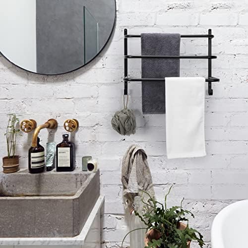 Toalha de toalha do banheiro montou a parte de toalhas de parede de parede de metal preto suporte de armazenamento com 2 ganchos de 3 camadas de toalha de toalha para banheiro, lavanderia, preto