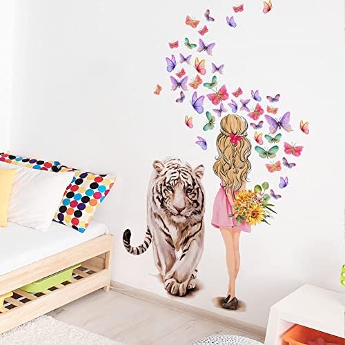 Wallpark criativo Tigre Girl Butterflies Decalques de parede adesivos de parede, crianças crianças, quarto de bebê berçário