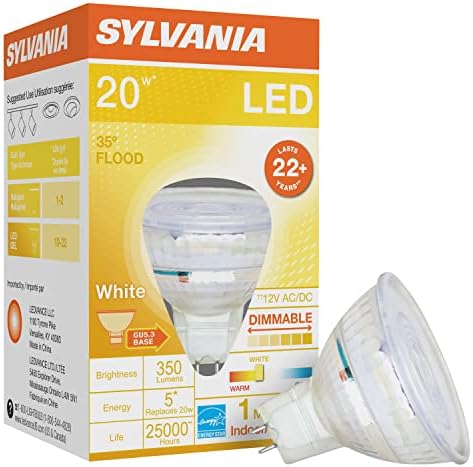 Sylvania liderou a lâmpada MR16, equivalente a 50W, 7W eficiente, base bi -pino GU5.3, ângulo de 35 graus, diminuído, 2700k, branco