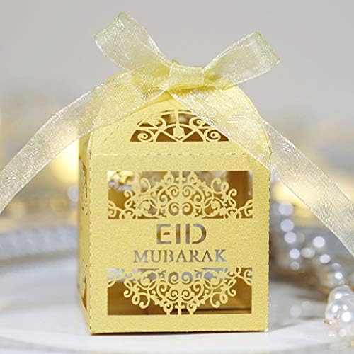 Estrenos genéricos 00pcs Eid Mubarak Candy Box Ramadan Decoration Caixas de presente Hollow Muslim, amarelo claro