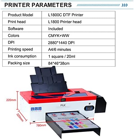 Impressora de transferência de PLK DTF A3 L1800 T-shirt Printer para camiseta escura e clara, capuz, tecidos