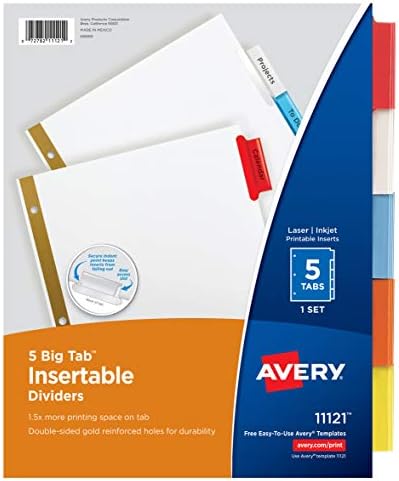 Avery 11121 Divisores de Big Tab insertáveis, 5-TAB, letra