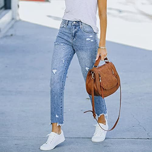 Calças femininas com bolsos, jeans de perna larga casual feminino calças folgadas angustiadas calças de rua vintage