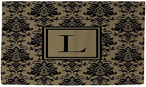Filinas e tecelões manuais Dobby Bath Rug, 4 por 6 pés, letra monograma L, damasco preto e dourado