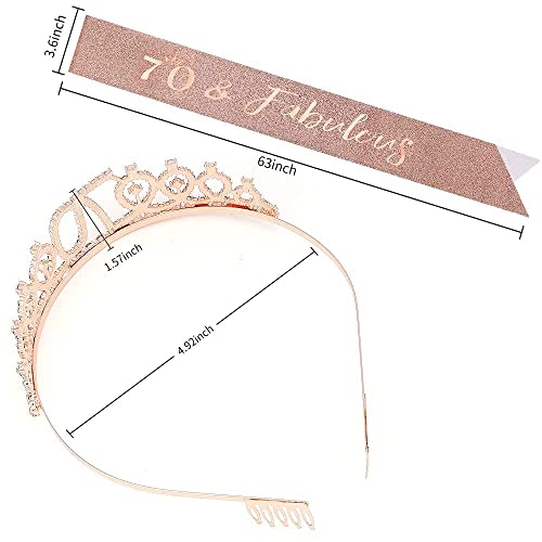 Fripa de 70 anos e tiara, coroa de aniversário de ouro rosa, 70 e faixa fabulosa, 70º aniversário para mulheres, 70ª decorações, 70º