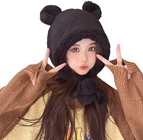 Orez de urso fofo chapéu feminino de pelúcia feminino Proteção de orelha quente Lei feng chapéu de 3 camadas GAITER
