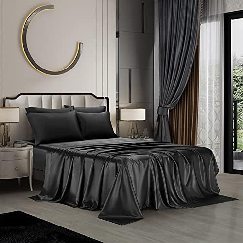 Aimay de 6 peças Captura de cama de cetim conjunto rei preto bolso profundo 1800 série luxuosa rica em seda seda