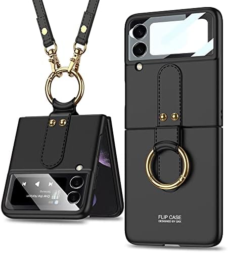 Caixa Galaxy Z Flip 3 5G com suporte para anel e cinta 9H Vidro da câmera protetor de tela Ultra Fin Matte PC Caso anti-Drop