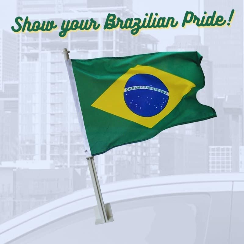Brasil da bandeira do carro da equipe de futebol nacional da Copa do Mundo, 17x12 com pólo branco 20 polegadas - Brasileira Seleção