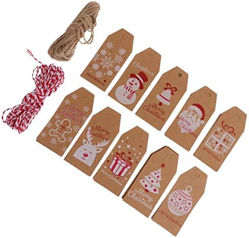 Soimiss 100pcs Christmas Retro Kraft Papel Hanging Tags com corda vermelha de 10m 10m de cânhamo