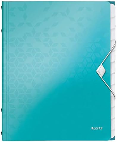 Livro de divisores Leitz A4, possui até 200 folhas, índice integrado com 12 compartimentos, fechamento elástico, azul