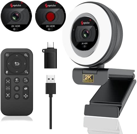 Webcam de Angetube, webcam de streaming 2K com luz de anel, câmera de laptop HDR com microfone estéreo remoto e duplo e cobertura