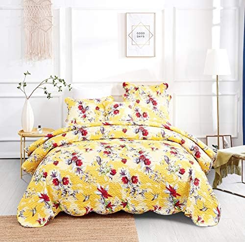 Bedding Dada Radiant Sunshineshine amarelo Floral colcha - Hummingbirds Farmhouse Flores vermelhas Jardim colaminha