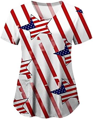 4 de julho camisetas para mulheres bandeira americana de verão de manga curta V camiseta com 2 bolsos