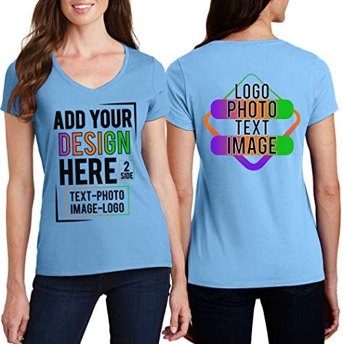 Mulheres personalizadas V camisetas de pescoço projetam seu próprio texto de foto adição de foto de duas lados