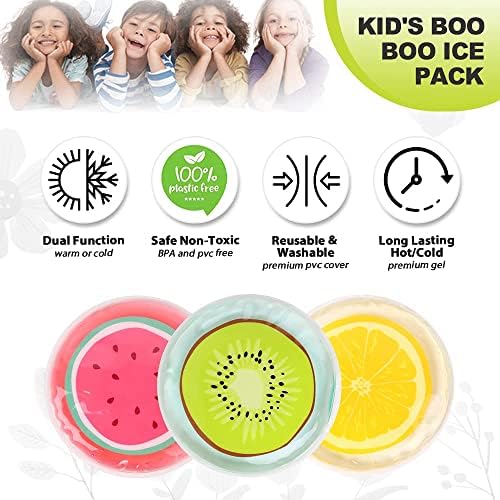 Pacote Hilph® de 3 Dinosaur Kids Packs de gelo para lesões + 3 Frutas Padrão Boo Boo Boo Packs de gelo para lesões