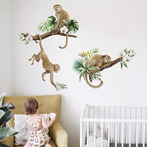 Mfault macaco escalando decalques de parede de árvore adesivos, animais de selva decorações de berçário de meninos garotas arte