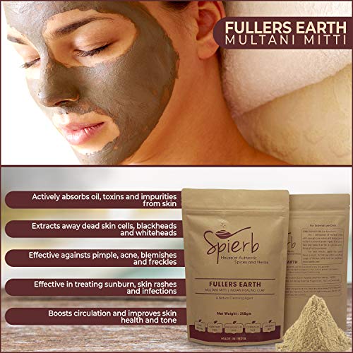 Spierb Fullers Earth Powder 250gm - Máscara de argila de cura indiana Bentonita argila fina multani mitti pó de lama para máscara