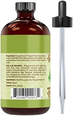 Aura de beleza de óleo essencial de hortelã -pimenta - 4 FL OZ - Óleo essencial para aromaterapia com grau premium para aromaterapia