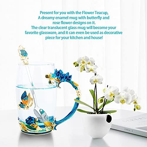 S Smazinstar esmalte o vidro de vidro Flor Tea Cup - Caneca de café de 12 onças Flor de rosa artesanal com colher e presente para