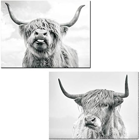 2 peças Highland Cow Canvas Arte da parede Black e branco Poster Arte Decoração de pintura Decoração para casa para sala de estar