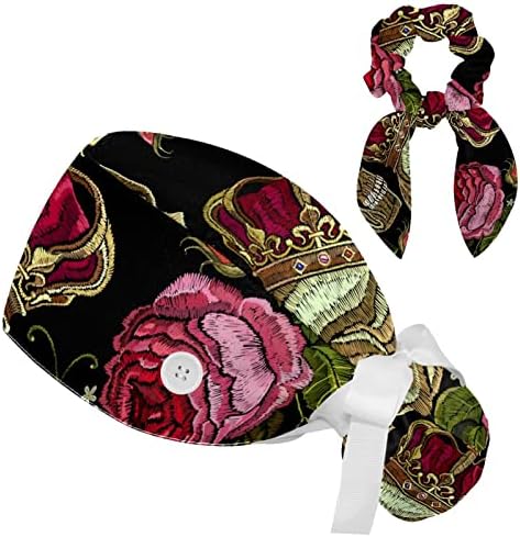 Crânio ajustável com boné de coroa rosa com botão, bolsa de rabo de cavalo, faixa de suor para mulheres com cabelo arco -arco