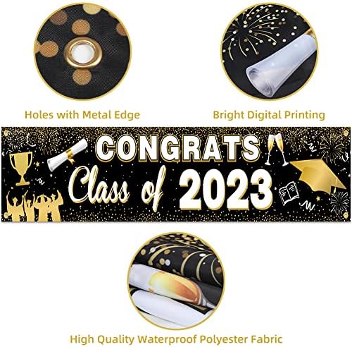 Decorações de graduação Classe de 2023 Banner de graduação Banner Black and Gold Parabéns Banner de graduação ao ar