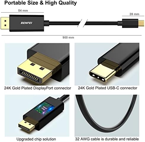Benfei USB C para exibir cabo de 3 pés, adaptador USB tipo C para DP [Thunderbolt 3 Compatible] Para MacBook Pro/MacBook Air/iPad