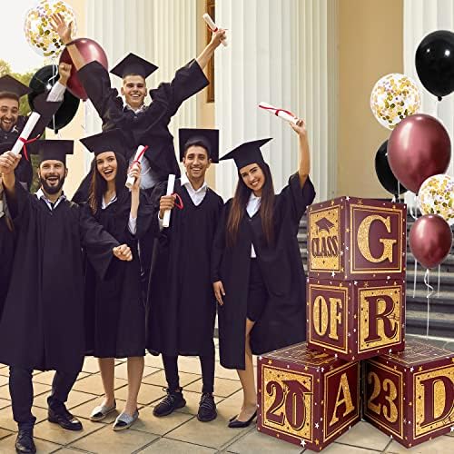 Caixa de cartões de graduação marrom e dourada da classe de 2023- conjunto de 4 caixas de balão de graduação com Grad e Class of